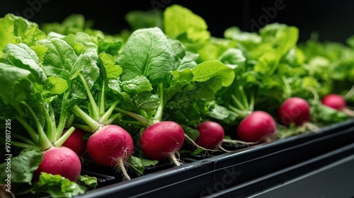 A display of colorful radishes (Raphanus sativus) with their bright red bulbs and green leaves photo