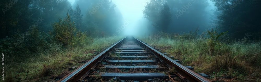 Fototapeta premium Mysterious Train Tracks Through Misty Forest
