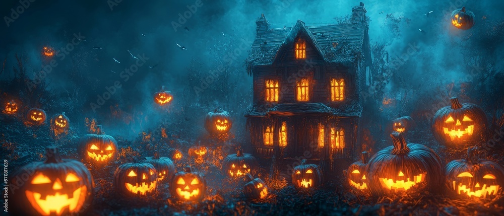 A spooky Halloween scene with a haunted house and glowing jack-o'-lanterns. A spooky Halloween scene with a haunted house and glowing jack-o'-lanterns.