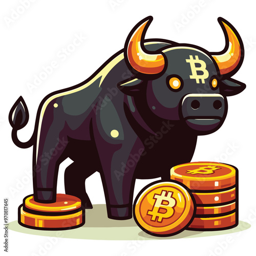 Bull with Bitcoin symbol vector illustration, vibrant colors, perfect for financial growth symbol