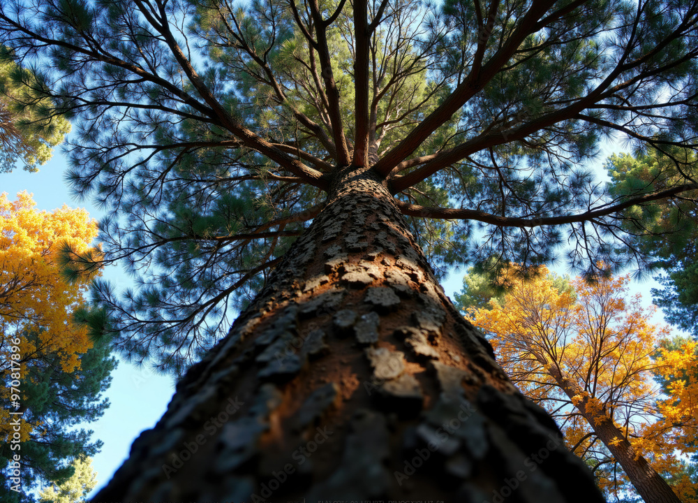Fototapeta premium Majestic Tree with Vibrant Autumn Foliage Viewed from Below in a Sunlit Forest - Captivating Fall Colors, Nature, and Landscape Photography