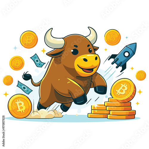 Cheerful cartoon bull with bitcoins and money, vector illustration, financial growth concept