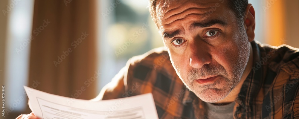 Close-up of a shocked man receiving a tax bill in the mail at home, expressing surprise and concern Close-up of a shocked man receiving a tax bill in the mail at home, expressing surprise and concern