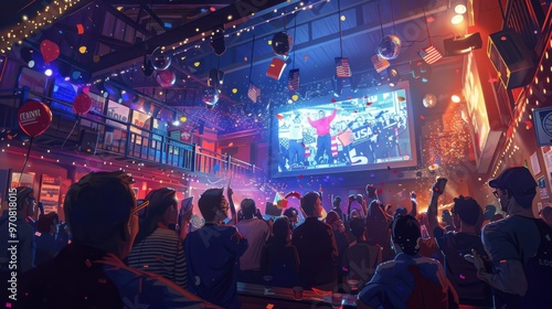 A dynamic scene of an election night watch party in the USA, with a large screen displaying live results. The room is filled with people wearing campaign merchandise, cheering and holding signs. 