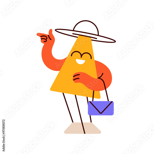 Funny geometric character laughing. Triangle shape with cute happy smile. Fem...