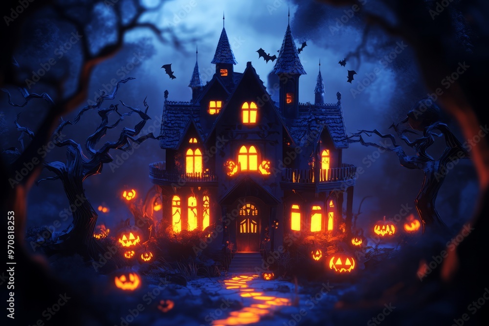 A spooky haunted house illuminated by jack-o'-lanterns on Halloween night. A spooky haunted house illuminated by jack-o'-lanterns on Halloween night.