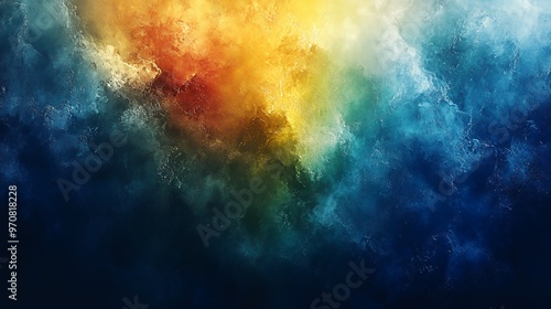 Abstract blue, green, yellow and orange background with a textured, painterly effect.