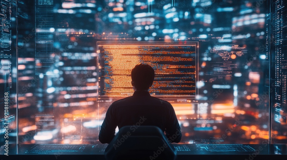 A programmer sits in front of a computer screen filled with code, with a city skyline visible through the window behind him. A programmer sits in front of a computer screen filled with code, with a city skyline visible through the window behind him.