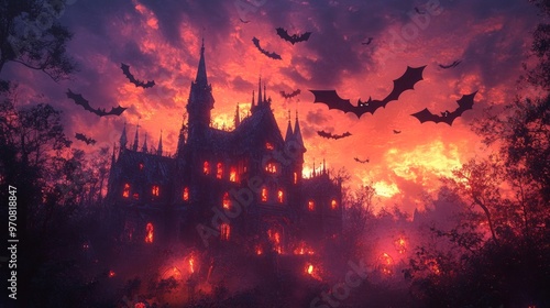 A haunting castle silhouetted against a fiery sunset, surrounded by bats.