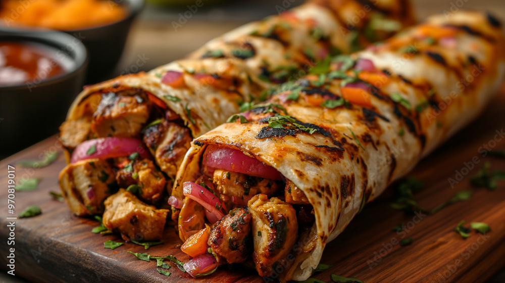 Delicious Chicken Kebab wrapped in flatbread with fresh vegetables on wooden platter. Generative AI Delicious Chicken Kebab wrapped in flatbread with fresh vegetables on wooden platter. Generative AI