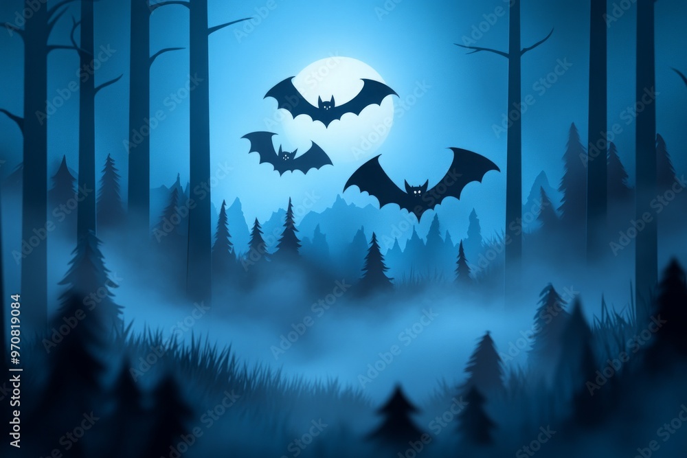 A spooky forest scene with bats flying under a full moon. A spooky forest scene with bats flying under a full moon.