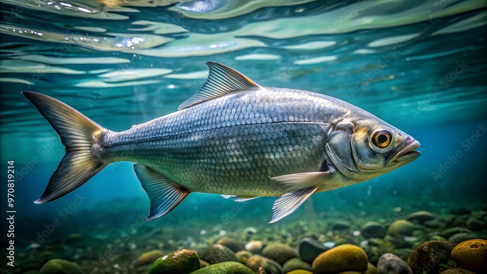 A shimmering fish navigates the calm waters with ease, its sleek body standing out sharply against the subdued A shimmering fish navigates the calm waters with ease, its sleek body standing out sharply against the subdued