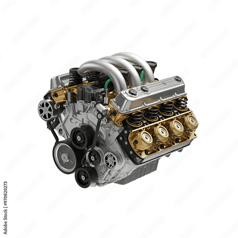 A high-resolution, 3D rendering of an automotive V8 engine A high-resolution, 3D rendering of an automotive V8 engine