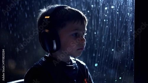 A Scared 10-Year-Old Boy Uses Music to Calm His Fear and Shift His Emotions on a Rainy Night, Seeking Solace and Peace Through Sound