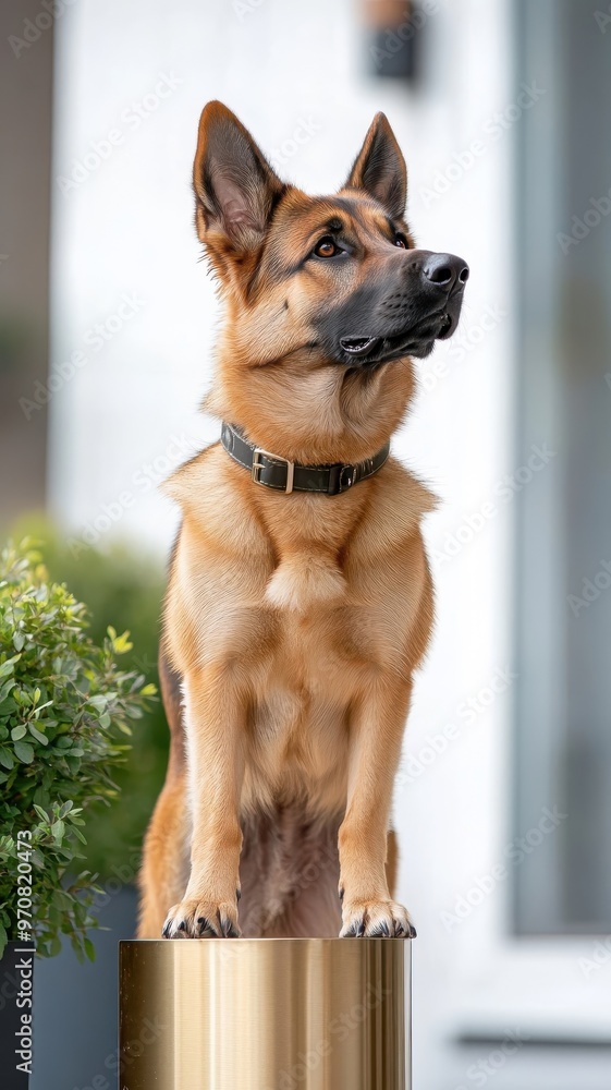 Obraz premium A German Shepherd standing proudly on a chrome, golden podium with exquisite detailing.