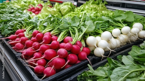 A display of colorful radishes (Raphanus sativus) with their bright red bulbs and green leaves photo