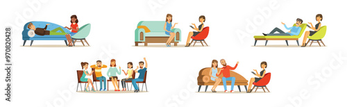 People Character Visit Psychologist Having Psychotherapy Vector Set
