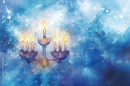 A blue background with a candle holder with six candles