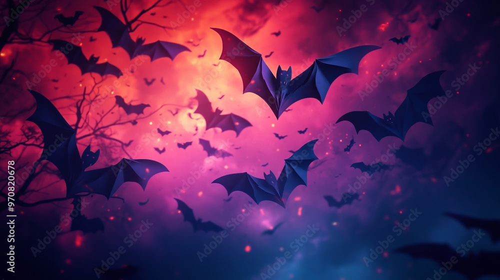 A dramatic scene of bats flying amidst a colorful, twilight sky. A dramatic scene of bats flying amidst a colorful, twilight sky.