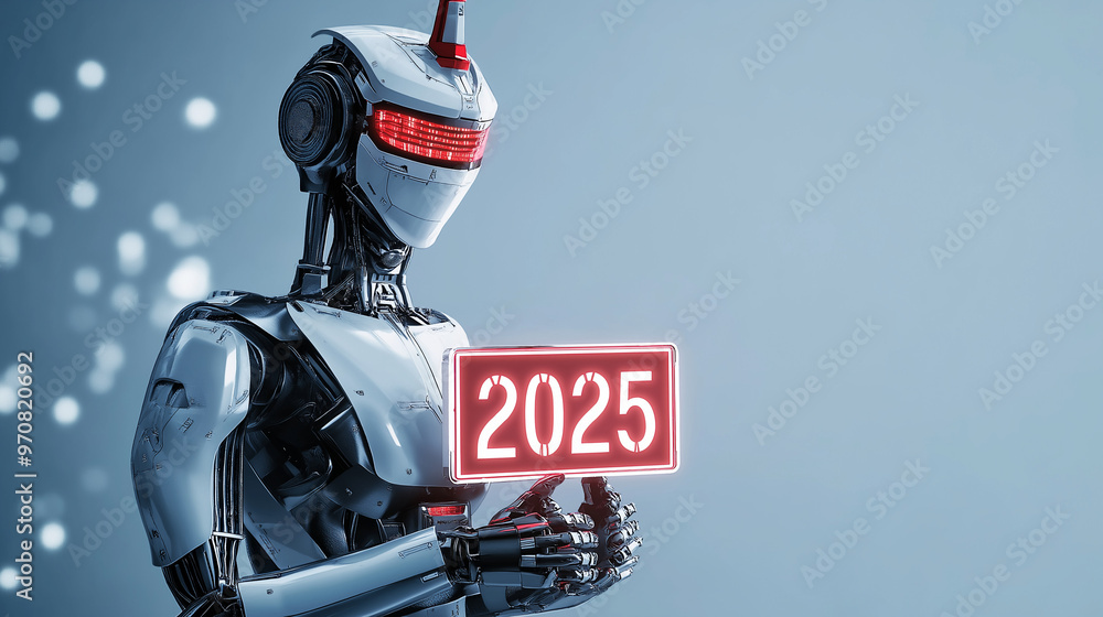 Fototapeta premium Cyborg KI Roboter zu Weihnachten als Weihnachtsmann mit roter Mütze hält Schild auf dem steht Jahr 2025 Neujahresgrüße mit Grußkarte zu Neujahr Generative AI