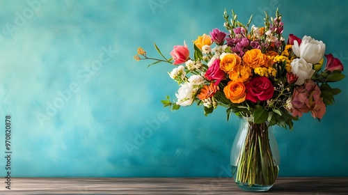 Wallpaper Mural ターコイズブルーの壁の背景と花瓶に飾られた花 Torontodigital.ca