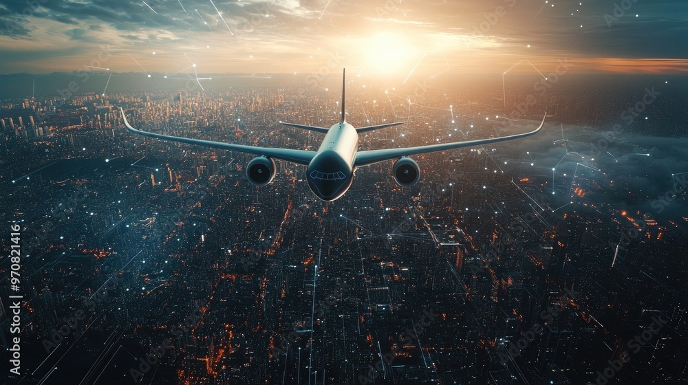 Airplane flying over a city at sunset with digital lines. Airplane flying over a city at sunset with digital lines.