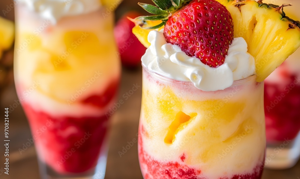 glasses filled with swirled pineapple and strawberry slushies, Generative AI glasses filled with swirled pineapple and strawberry slushies, Generative AI