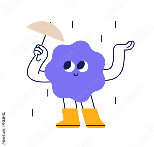 Cute character standing under umbrella, rainy weather. Happy cloud, funny figure, smiling shape in rain. Childish abstract doodle element. Flat vector illustration isolated on white background