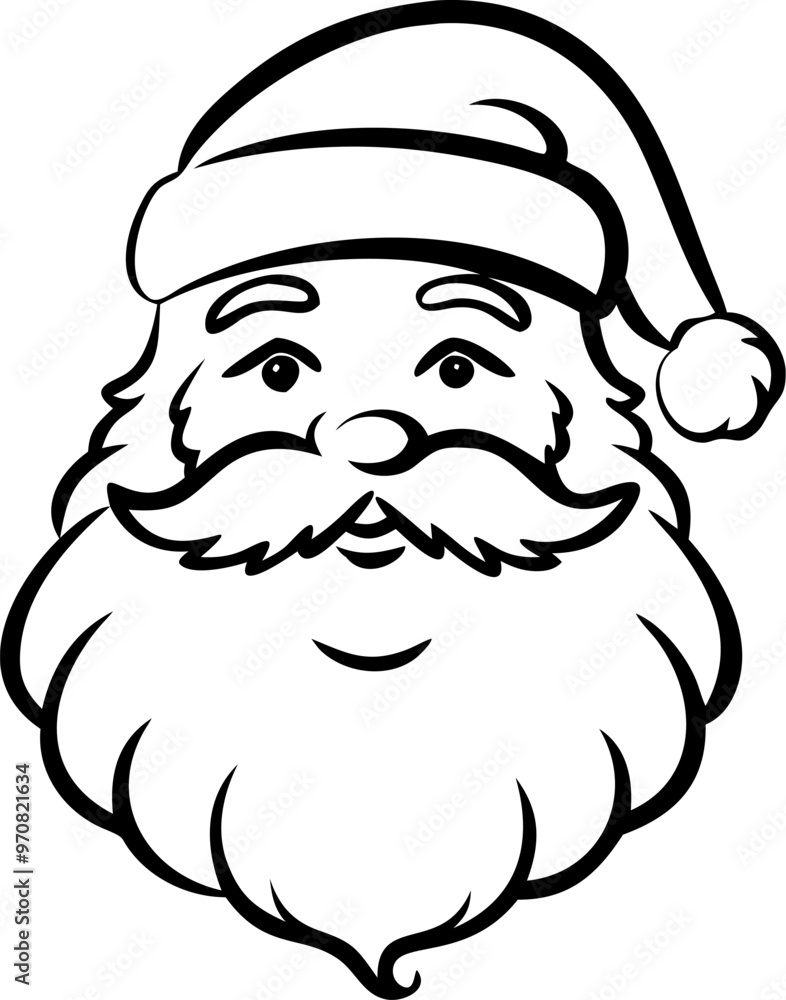 A black and white drawing of Santa Claus with a white hat and beard A black and white drawing of Santa Claus with a white hat and beard