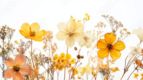 Kompozycja dzikich kwiatów z wiosny i lata, wysuszonych i ułożonych na białym tle z akwarelowymi akcentami. Żółte i pomarańczowe kwiaty tworzą subtelną i elegancką herbariumową aranżację.