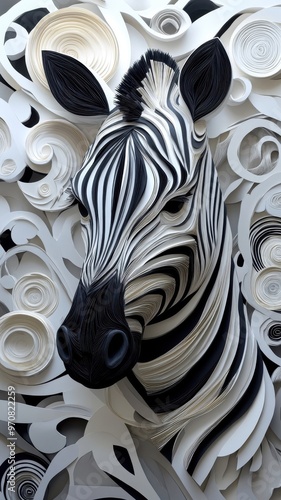 Paper art style, a zebra created with layered paper techniques, featuring bold stripes and intricate details for a textured, artistic effect. photo