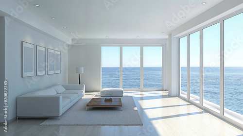 A large white living room with a view of the ocean. The room is filled with white furniture.