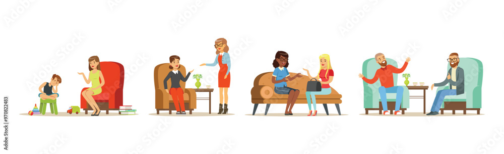 People Character Visit Psychologist Having Psychotherapy Vector Set People Character Visit Psychologist Having Psychotherapy Vector Set