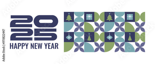 Happy new year 2025 large typography. Modern design for greeting card, invitation, banner, flyer for 2025. Geometric pattern with Christmas elements in bauhaus style.