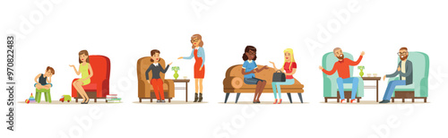 People Character Visit Psychologist Having Psychotherapy Vector Set
