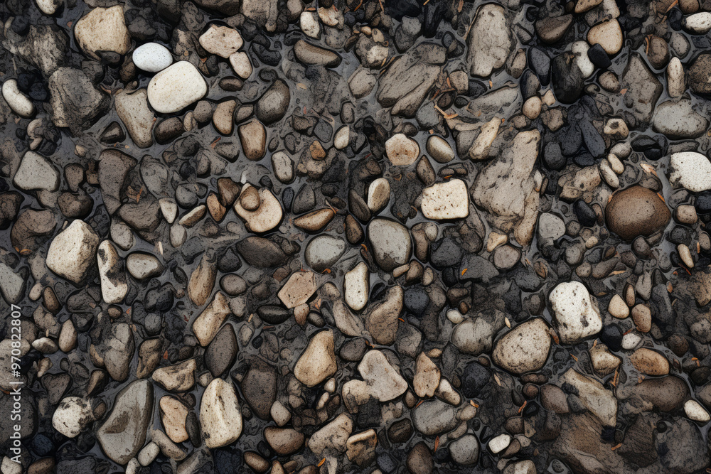Processed collage of wet pebble stones on asphalt texture. Background for banner, backdrop Processed collage of wet pebble stones on asphalt texture. Background for banner, backdrop