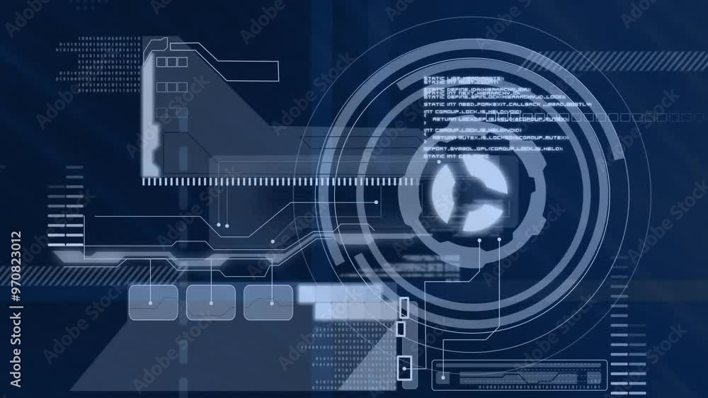 Animation of connections and digital data processing with scope over blue background Animation of connections and digital data processing with scope over blue background
