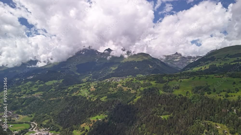 Switzerland nature valley aerial time-lapse, Swiss mountains forest hyperlapse Switzerland nature valley aerial time-lapse, Swiss mountains forest hyperlapse