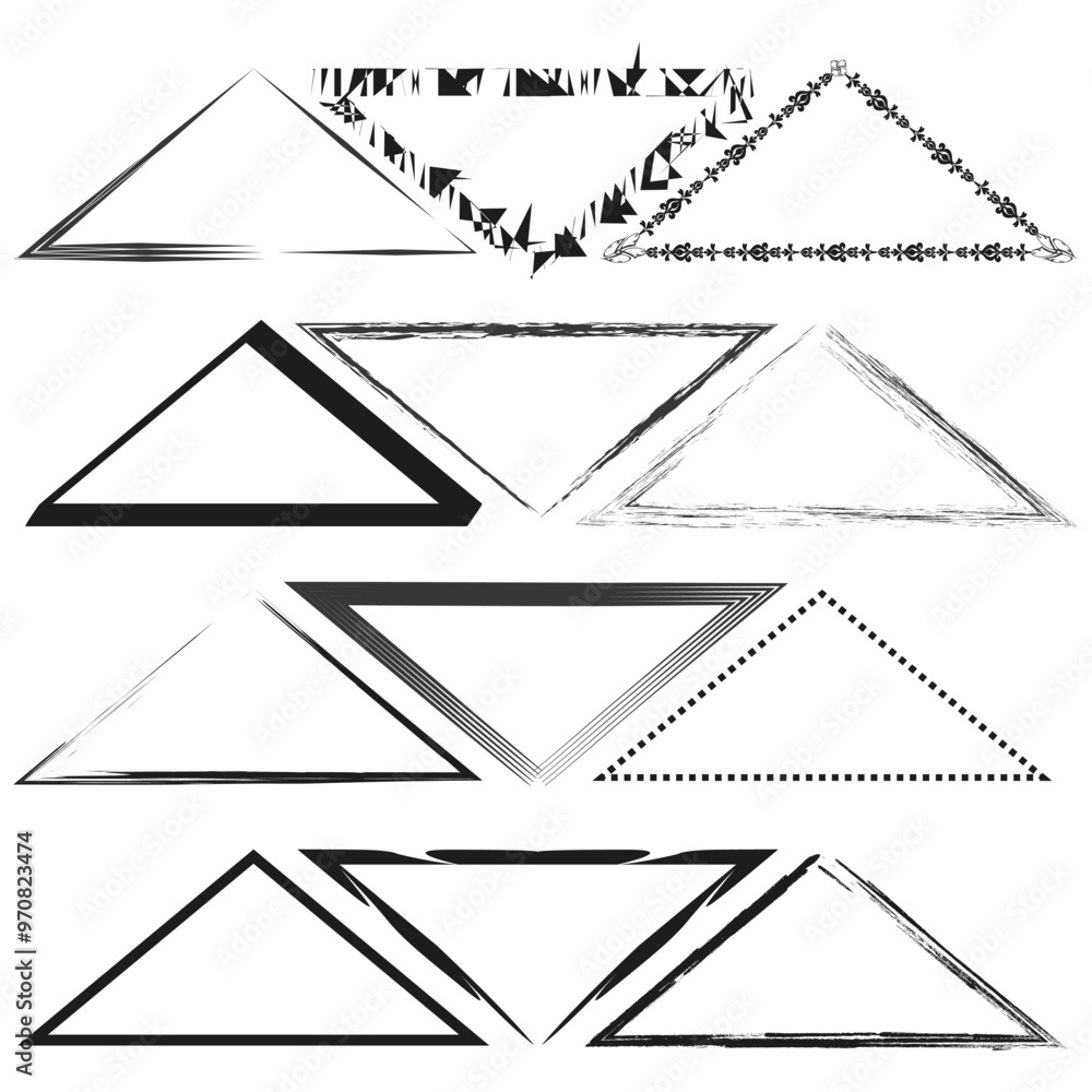 Triangle frame set. Grunge geometric borders. Abstract vector shapes. Decorative line patterns. Triangle frame set. Grunge geometric borders. Abstract vector shapes. Decorative line patterns.