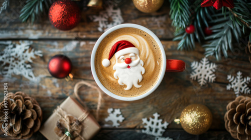 A warm cup of coffee featuring foam art shaped like Santa Claus, placed in a red cup on a rustic wooden table, surrounded by Christmas decorations, evoking holiday cheer, top view