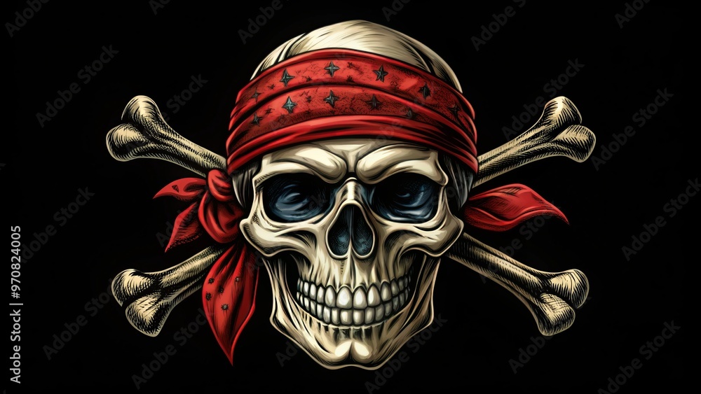 A stylized skull, wrapped in a bold bandana and juxtaposed with crossed bones, embodies the essence of fearlessness, A stylized skull, wrapped in a bold bandana and juxtaposed with crossed bones, embodies the essence of fearlessness,