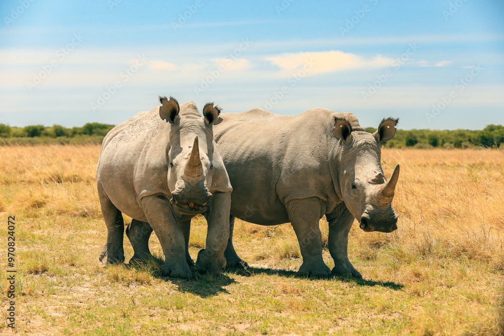 Two white rhinos walking through the grasslands of Botswana's national park during a sunny day Two white rhinos walking through the grasslands of Botswana's national park during a sunny day