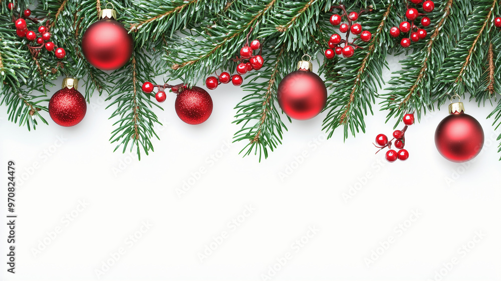Christmas Branches Border with Christmas Decorations isolated over white background. Christmas Branches Border with Christmas Decorations isolated over white background.