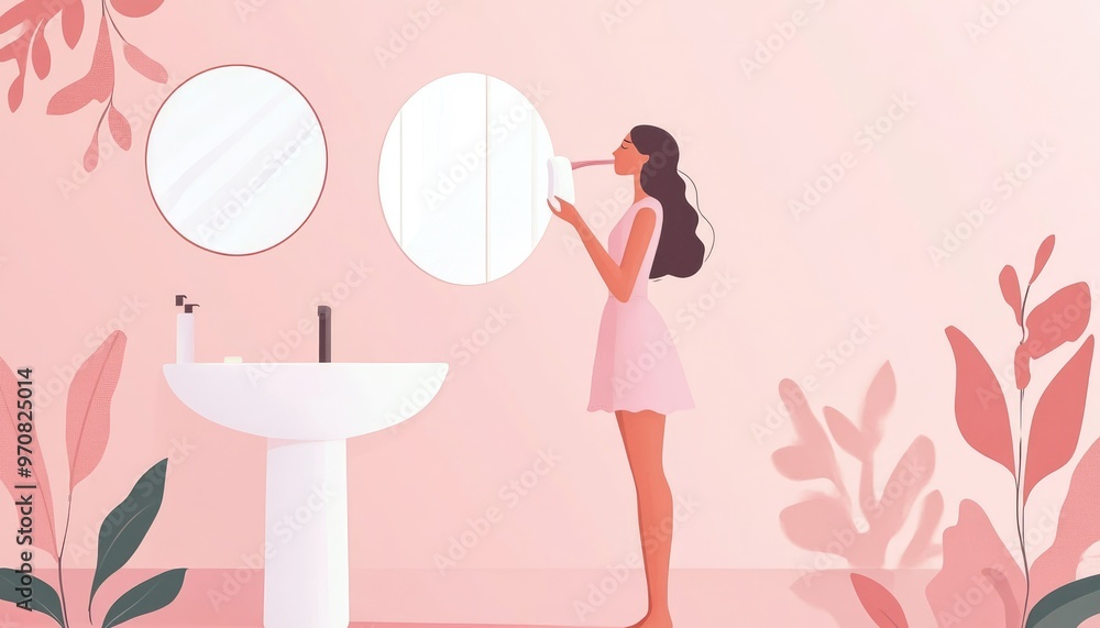 Woman Using Facial Cleanser in Bathroom Woman Using Facial Cleanser in Bathroom