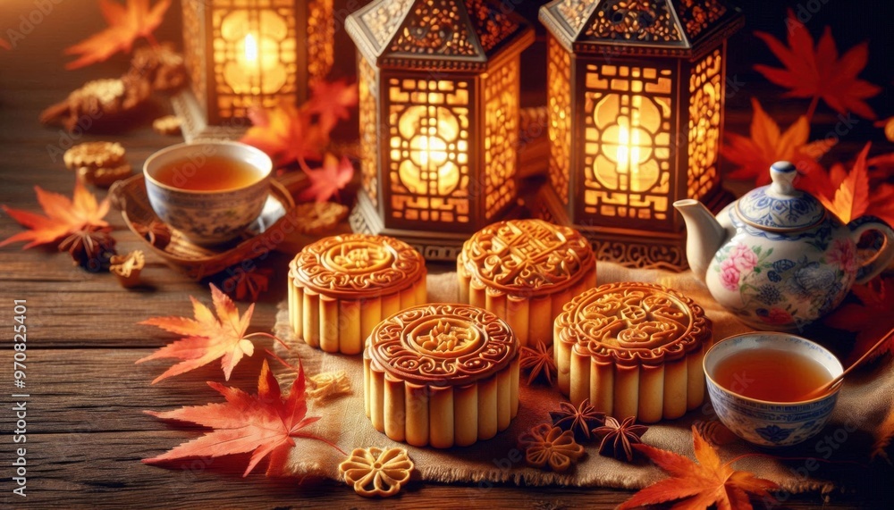 Fototapeta premium A close-up of beautifully crafted traditional mooncakes with intricate designs on a wooden table, surrounded by lanterns, tea, and autumn leaves, warm lighting