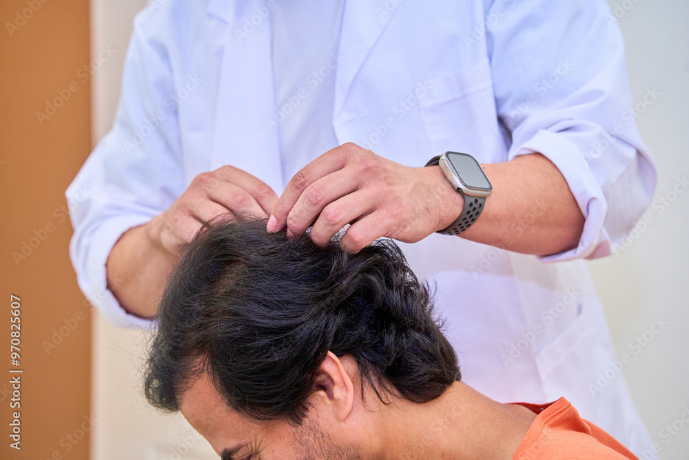 Doctor examining a patient's scalp during a hair consultation Doctor examining a patient's scalp during a hair consultation