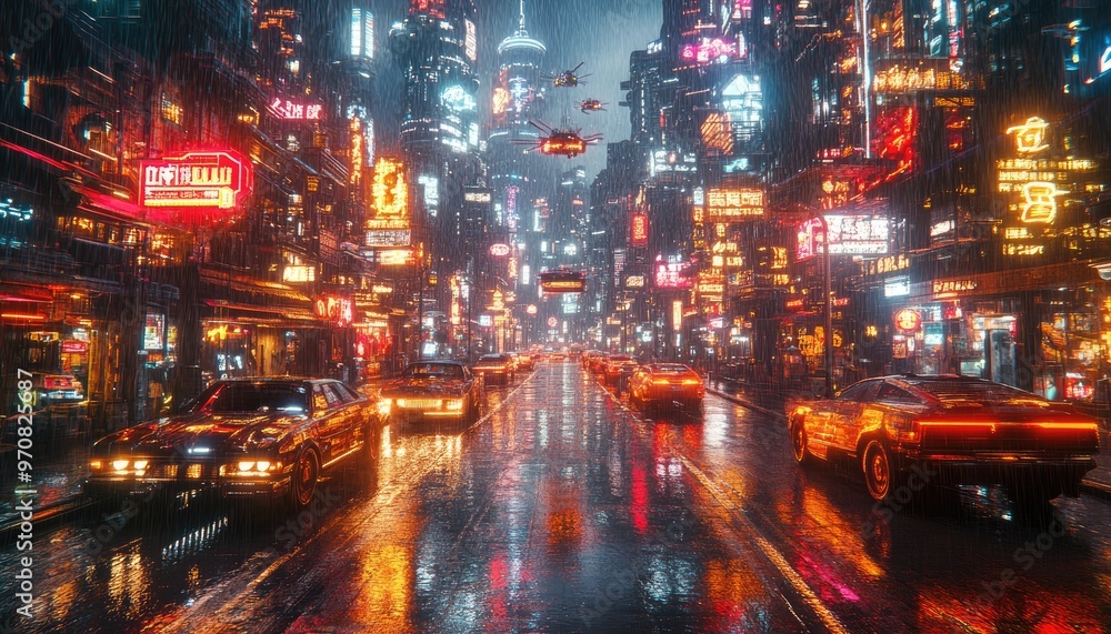 Fototapeta premium Cyberpunk City Street in the Rain