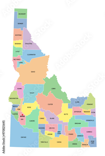 Idaho, U.S. state, subdivided into 44 counties, multi colored political map with capital Boise, borders and county names. State in the Mountain West region of the USA. Gem State, or also Potato State.