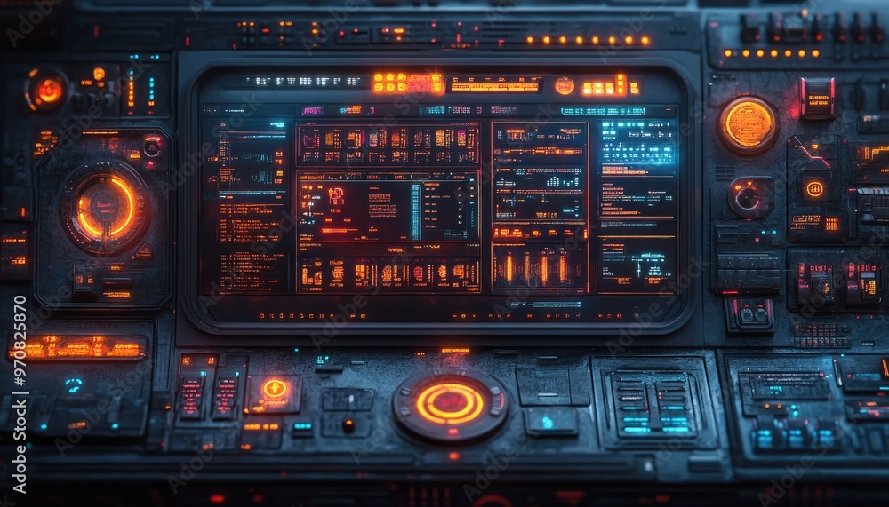 Obraz premium Futuristic Sci-Fi Control Panel with Glowing Lights