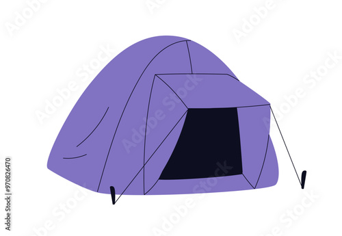 Camping tent. Portable shelter for outdoor adventures. Dome-shaped canvas cover with pegs for summer recreation. Tourists campsite equipment. Flat vector illustration isolated on white background